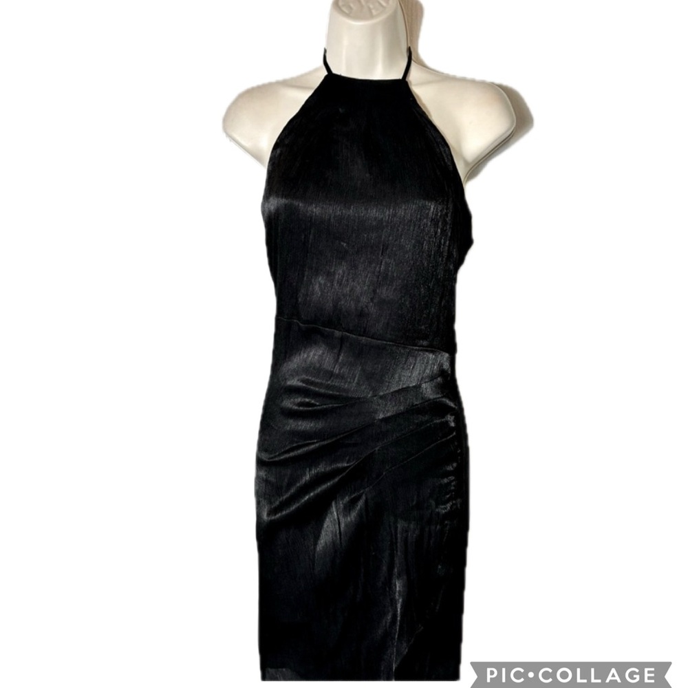 BCBGeneration Elegant Black Textured Metallic Pleated Halter Dress Size 8!